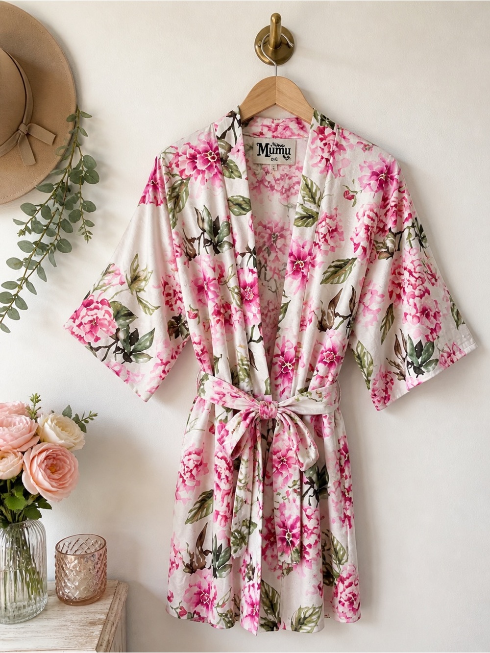Show Me Your Mumu Brie Robe Floral Kimono Pink White OS Boho Bridal Lounge